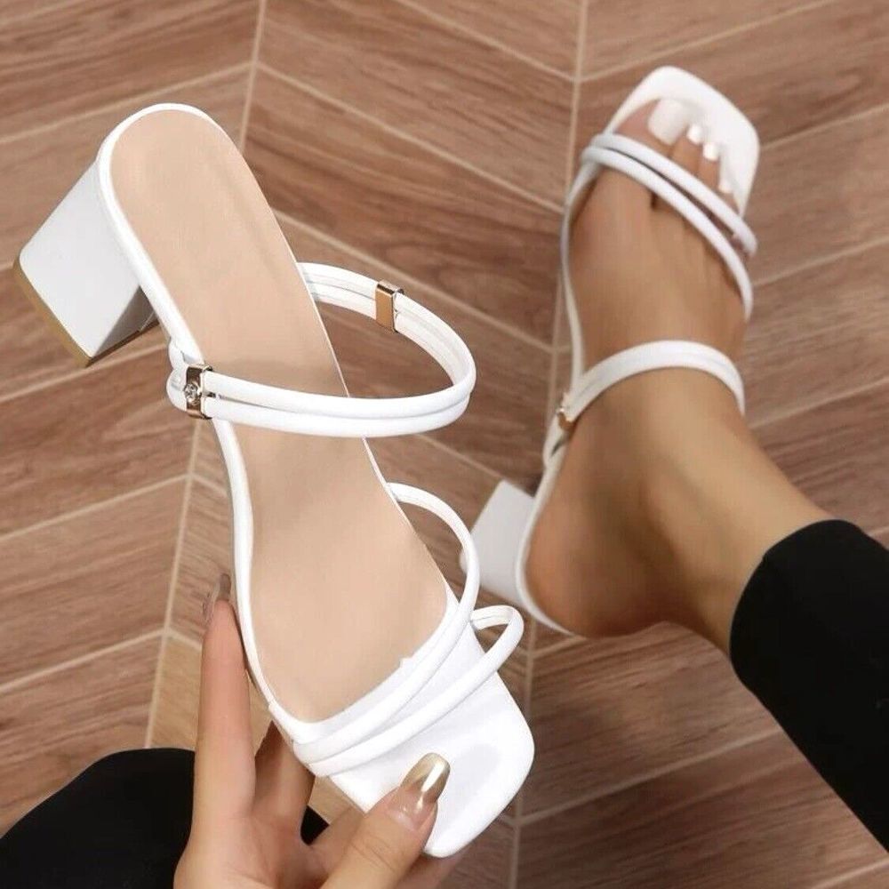Women's Thin Strap Chunky Heeled Multi-way Wear Sandals White Size 9